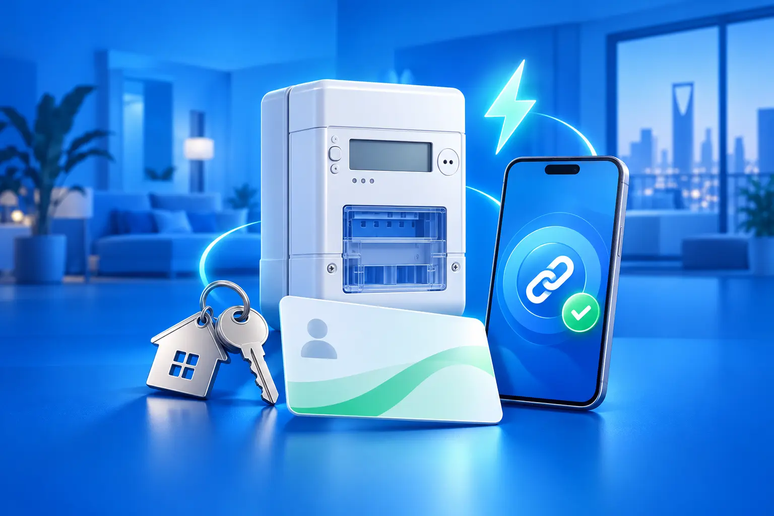 Saudi tenant electricity meter declaration represented by a smart meter, phone, key and account card