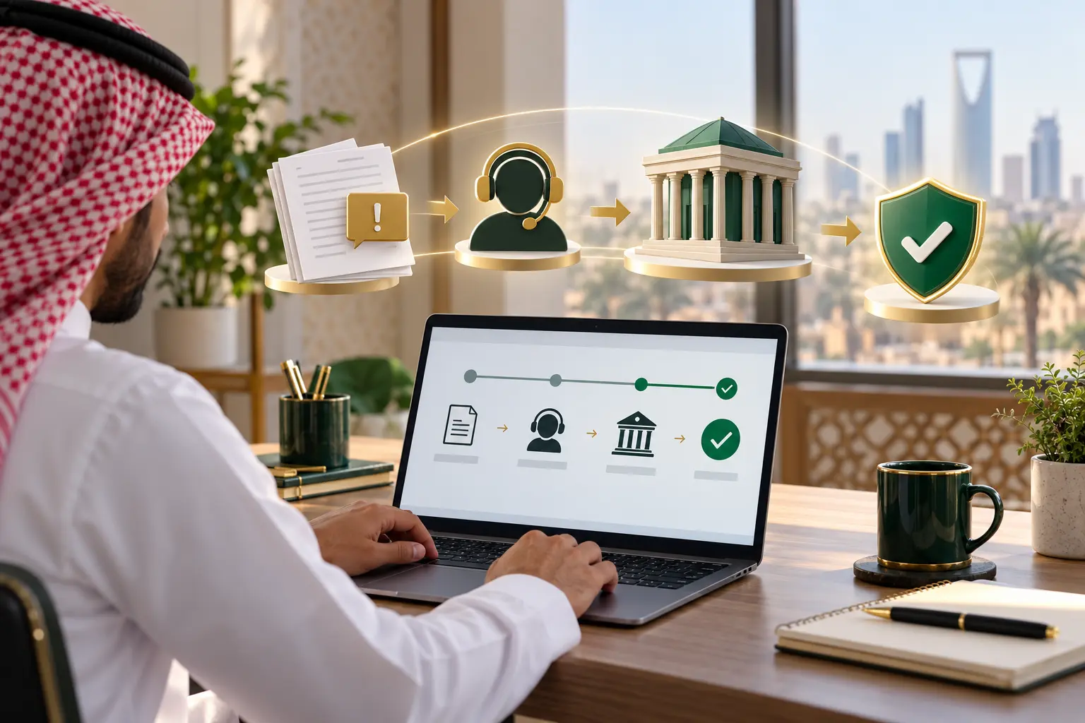 Saudi banking complaint escalation represented by a customer, complaint documents, support and resolution symbols
