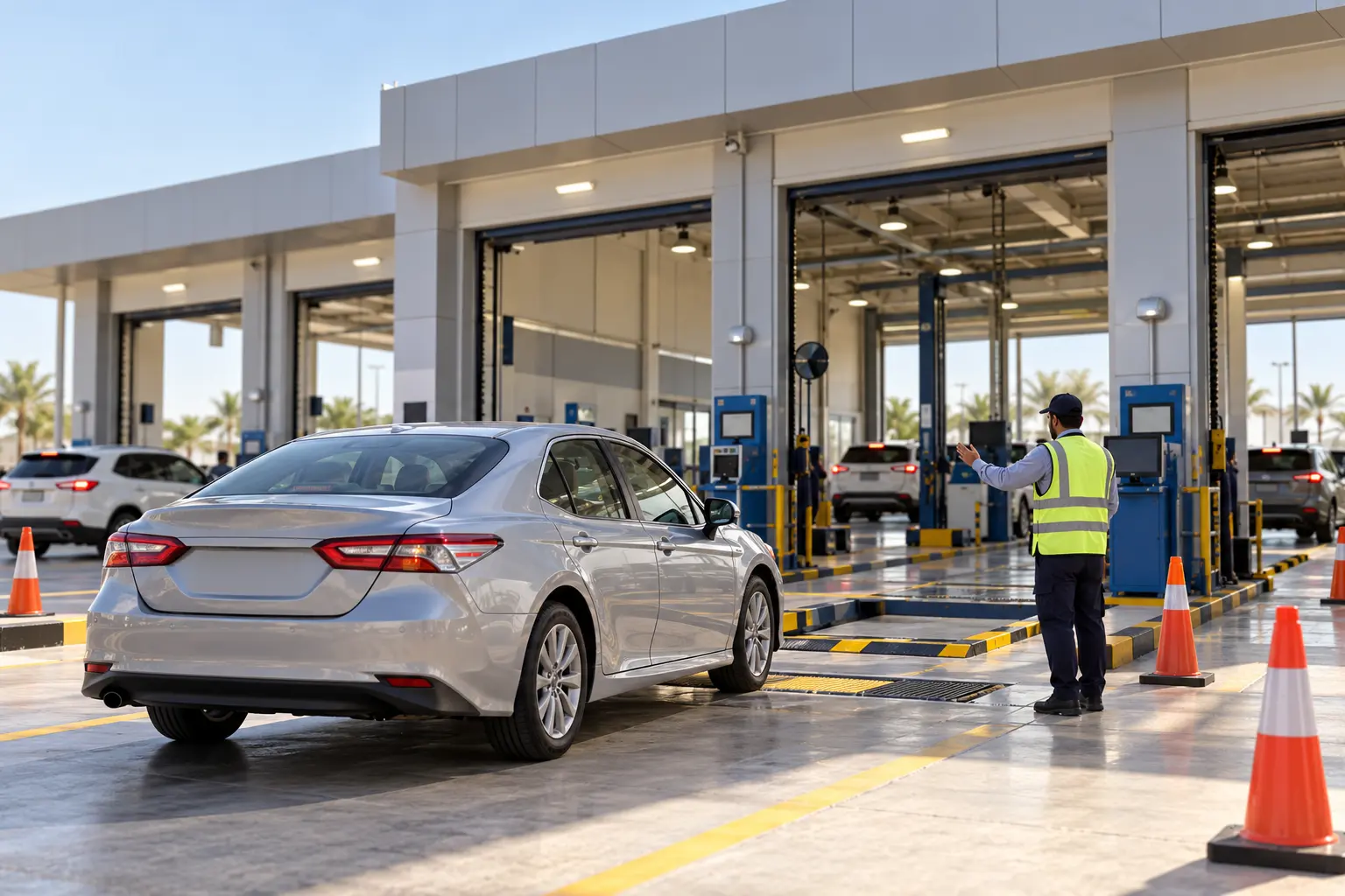Car entering a modern Saudi periodic vehicle inspection bay under an inspector's direction