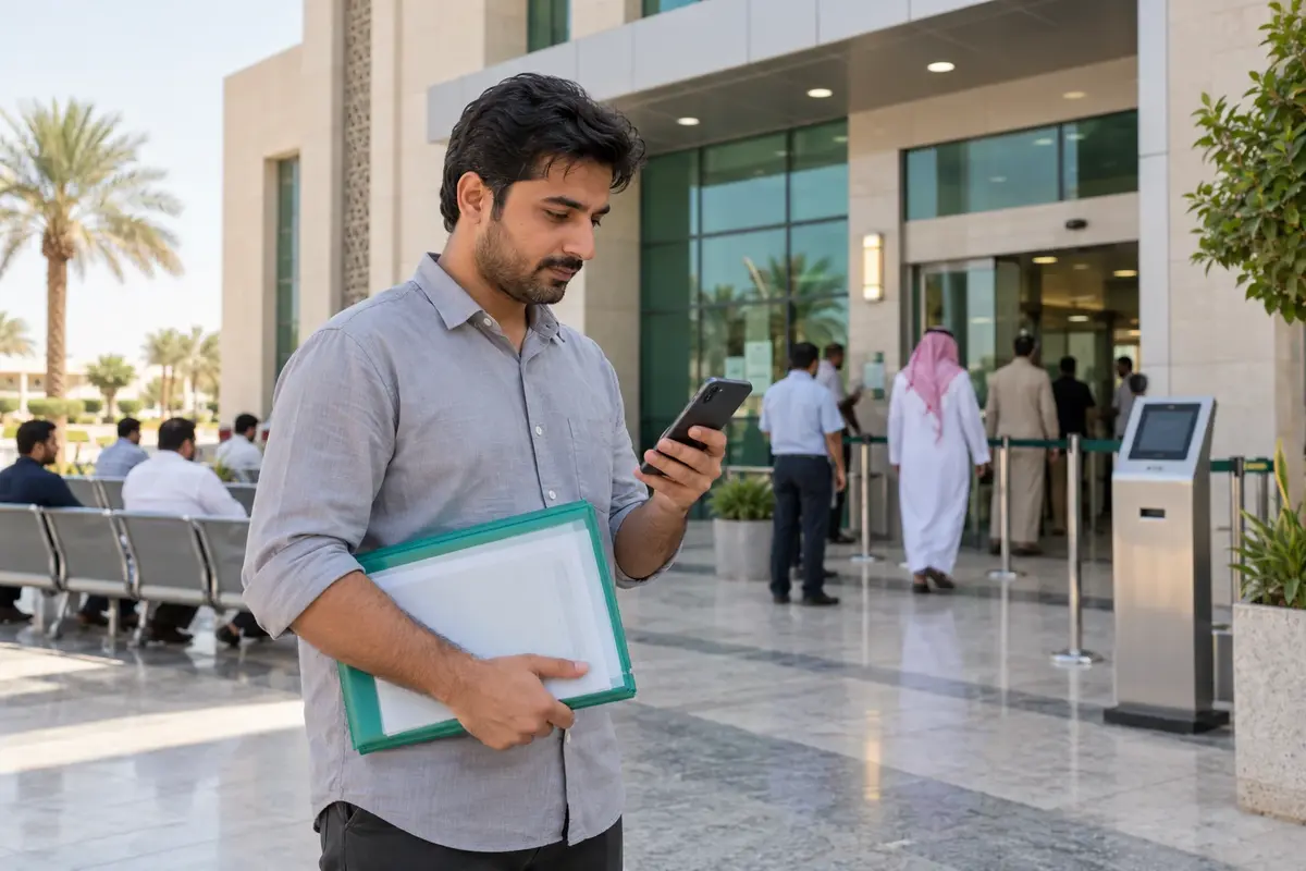 Resident checking a digital appointment outside a Saudi government service centre