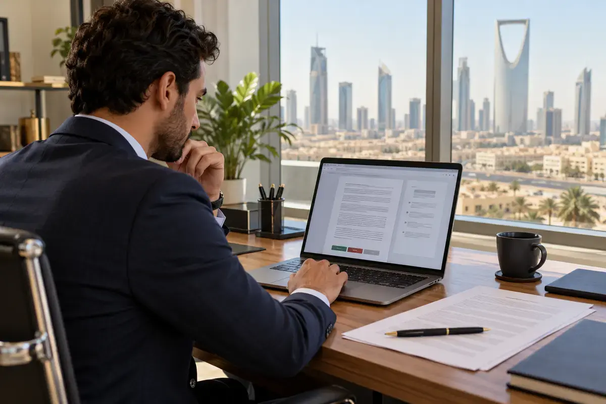 Saudi professional reviewing an employment contract on a laptop in a Riyadh office