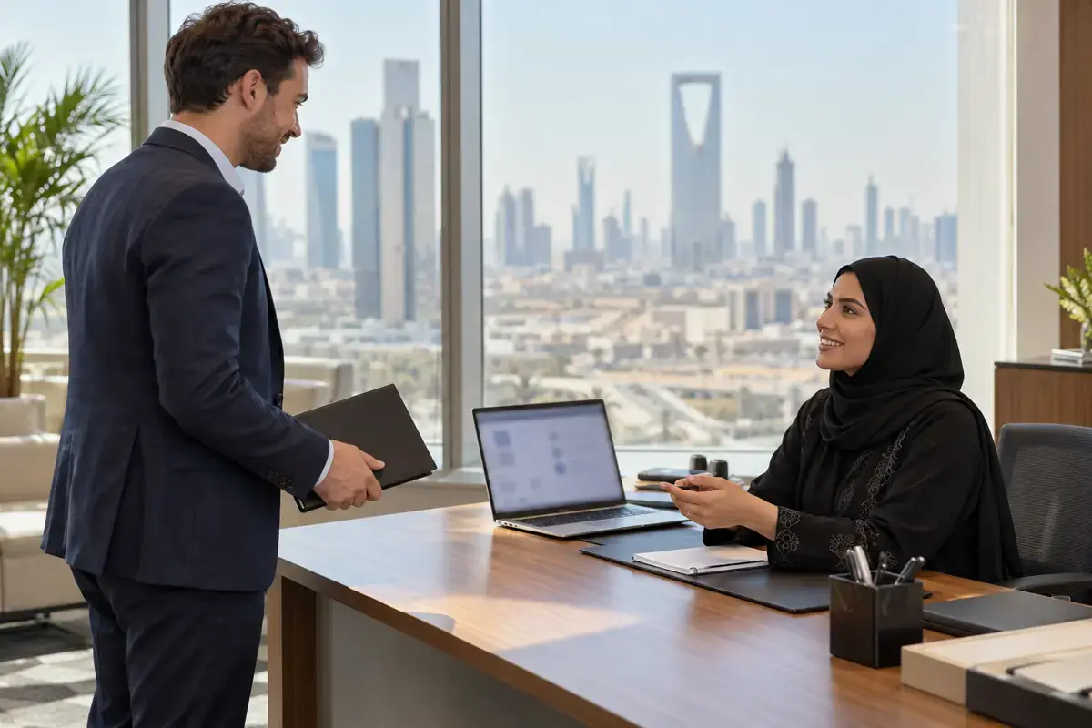 Employee and HR representative discussing an employer-transfer process in a Saudi office