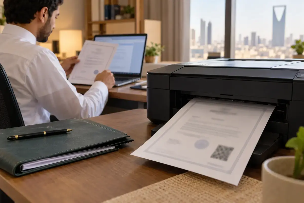 Employment certificate being prepared beside a laptop and office printer