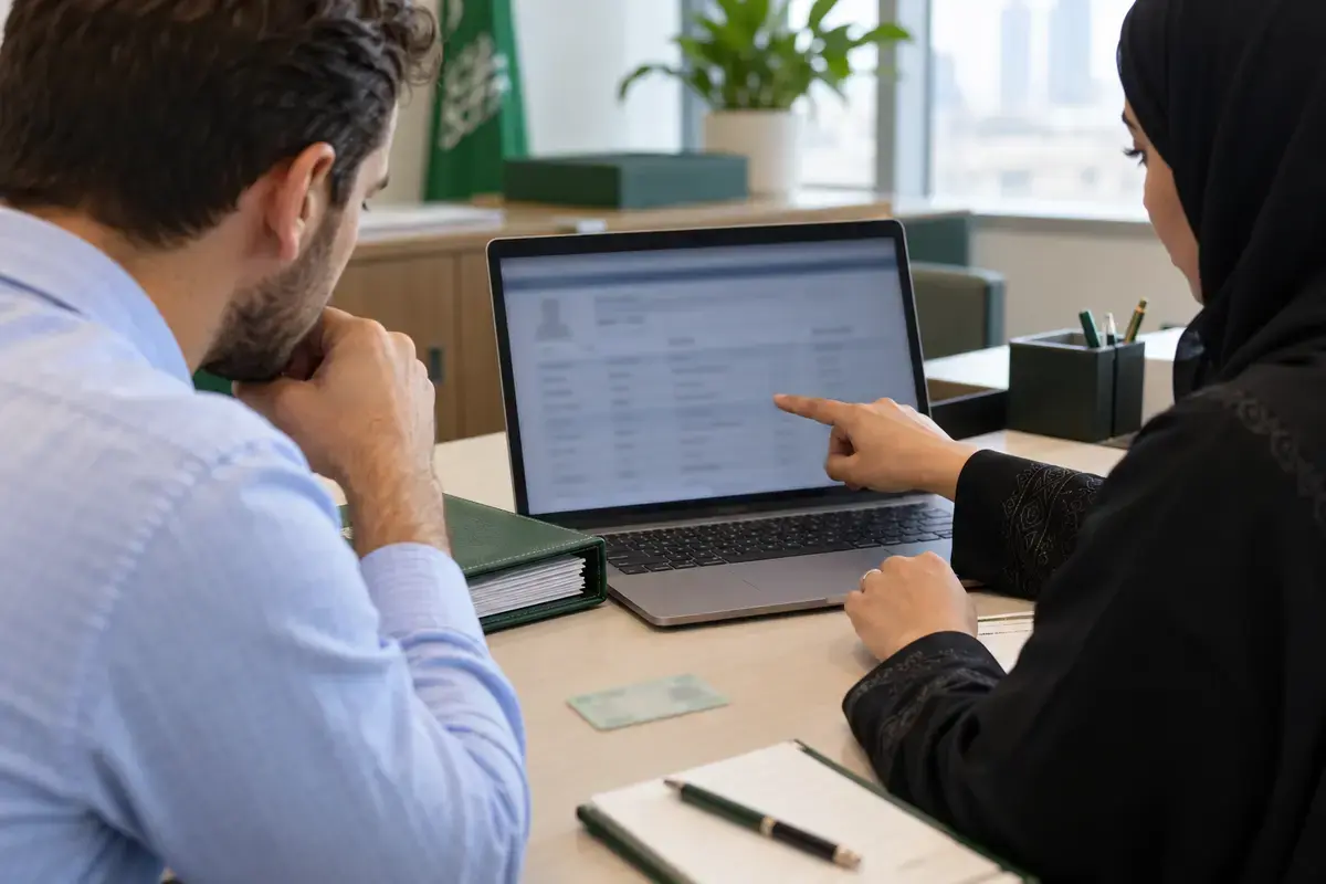 Employee and HR representative comparing anonymized occupation records on a laptop