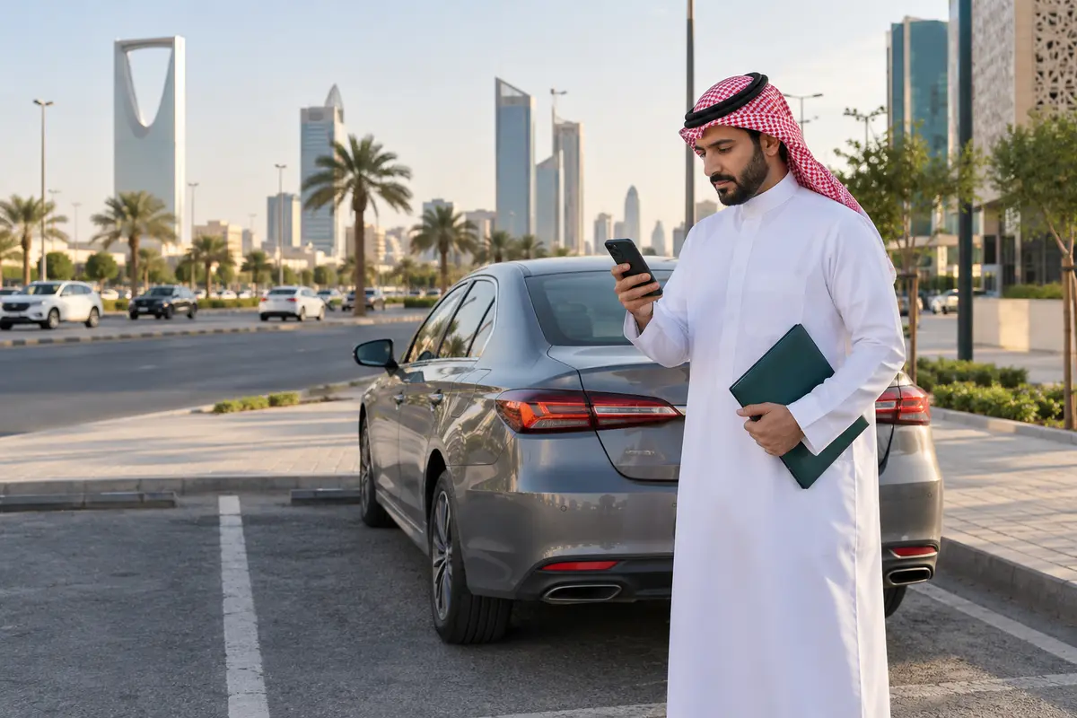Saudi driver reviewing a traffic notice beside a parked vehicle on a Riyadh road