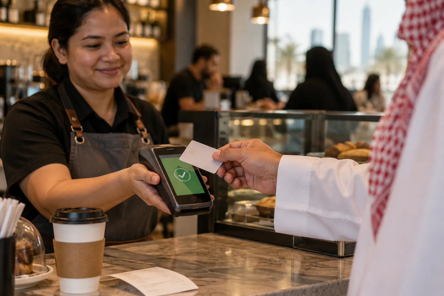 Editorial illustration of unbranded payment cards and a terminal at a Gulf airport hotel