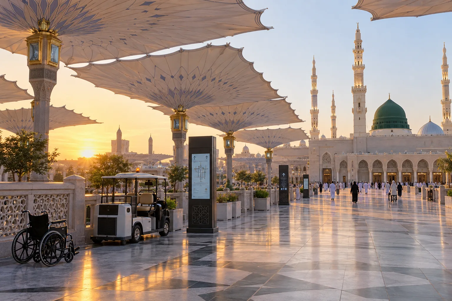Respectful realistic editorial view of the Prophet’s Mosque exterior at dawn with a wheelchair, service cart and wayfinding kiosk