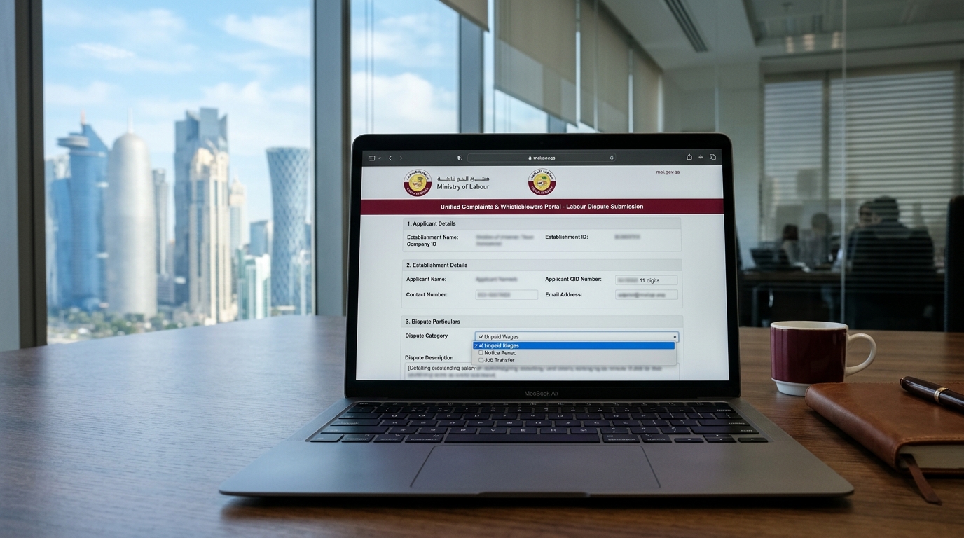 Qatar Ministry of Labour Unified Complaints and Whistleblowers Portal submission screen with privacy blur