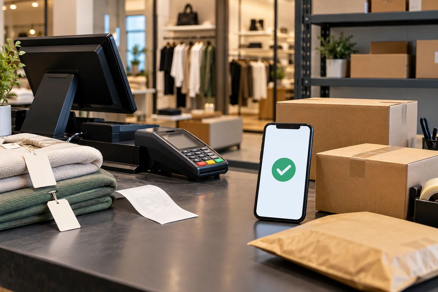 Editorial illustration of an unbranded Saudi retail checkout with a digital verification symbol