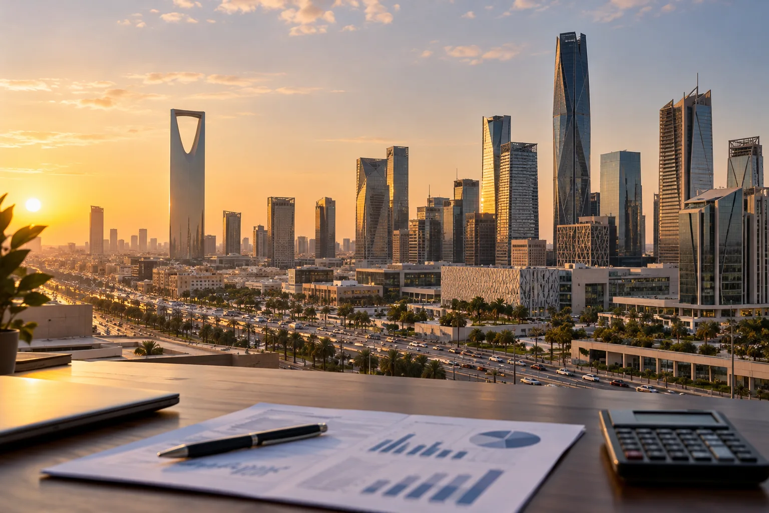 Editorial photograph of Riyadh’s financial district with an unbranded investment chart and calculator in the foreground