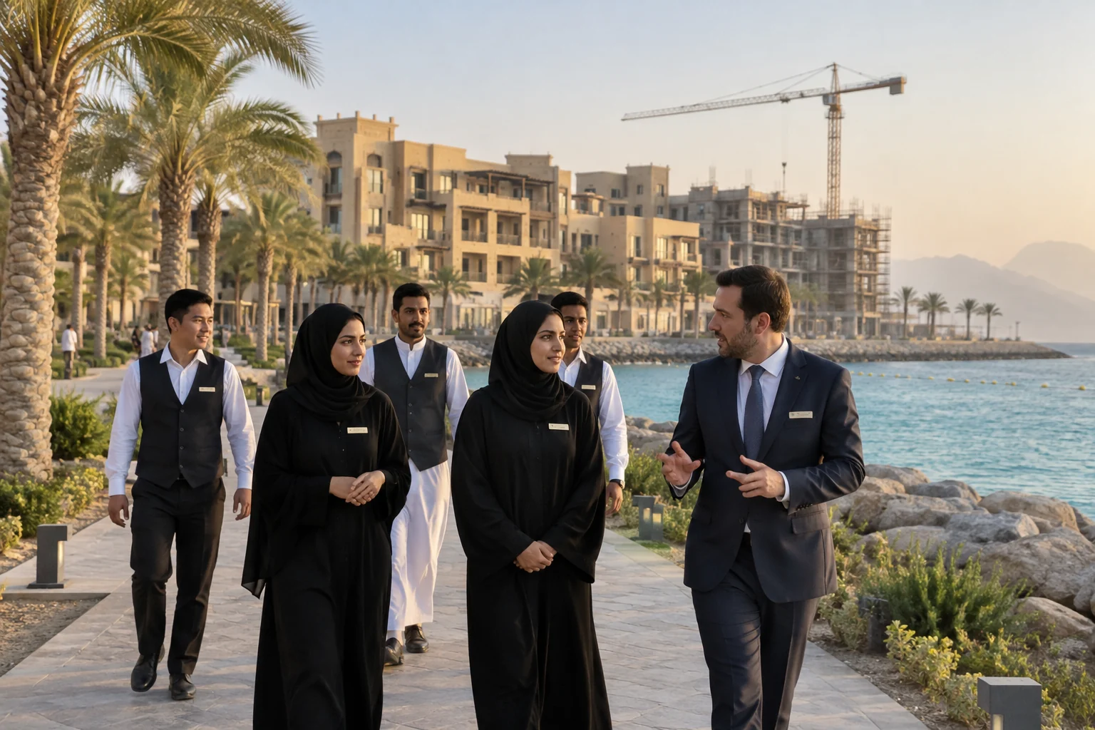 Editorial illustration of a modern Saudi coastal hospitality development at sunset