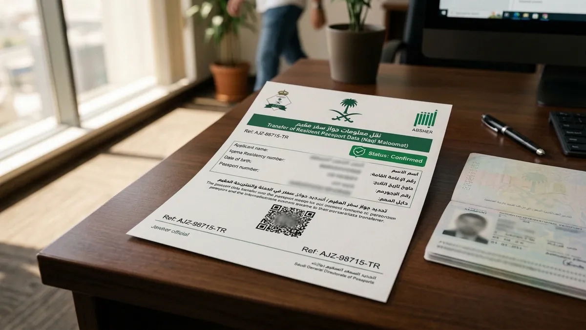 Official Saudi Jawazat Absher Naql Maloomat confirmation receipt on a desk with redacted personal details