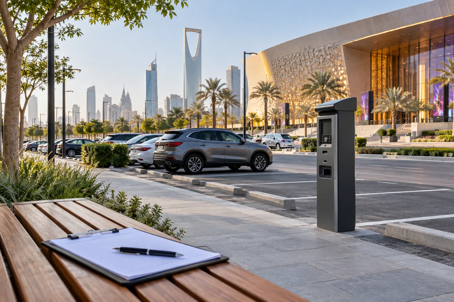 Realistic editorial photograph of marked Riyadh parking bays, a neutral payment meter and an events venue beside a public-feedback clipboard