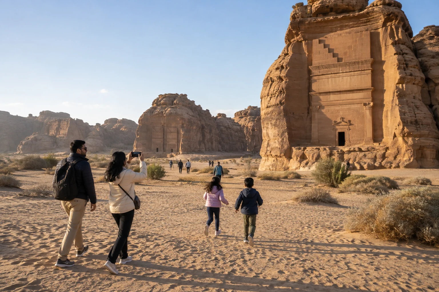Editorial illustration of a Saudi desert eco-lodge overlooking sandstone valleys at winter sunset