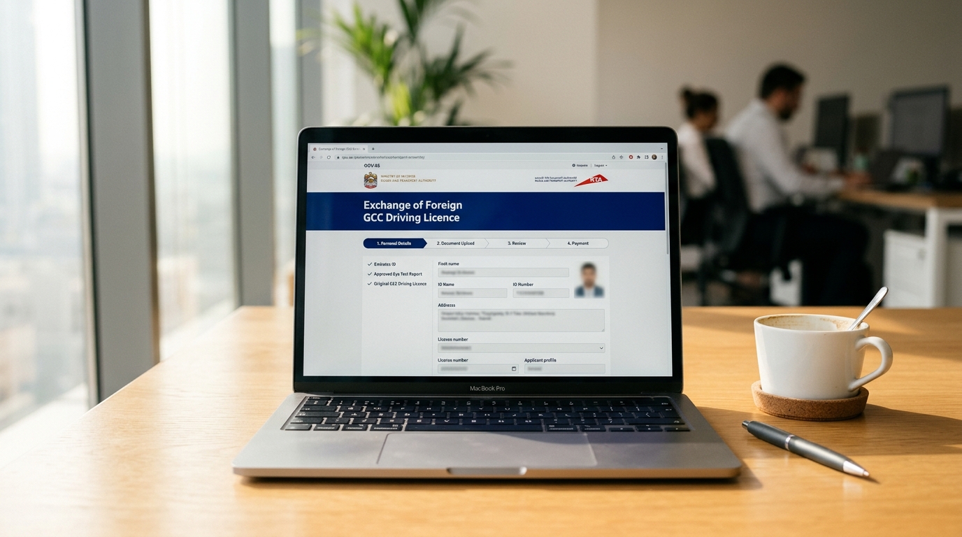 UAE driving licence conversion service interface and document checklist with privacy blur