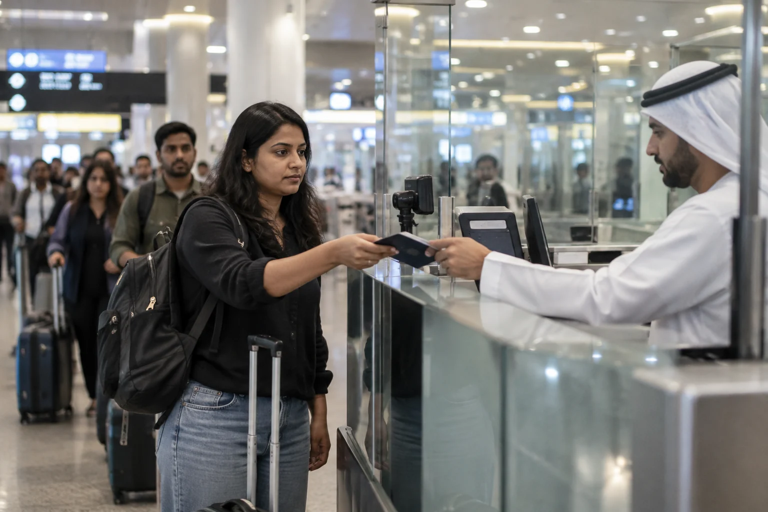 Travel documents and suitcase at a UAE airport terminal