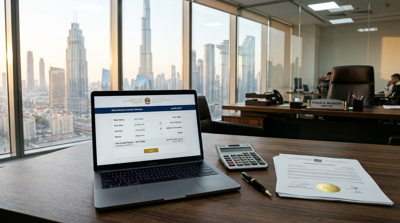 UAE Ministry of Human Resources and Emiratisation MOHRE gratuity calculation and settlement portal on a modern office desk