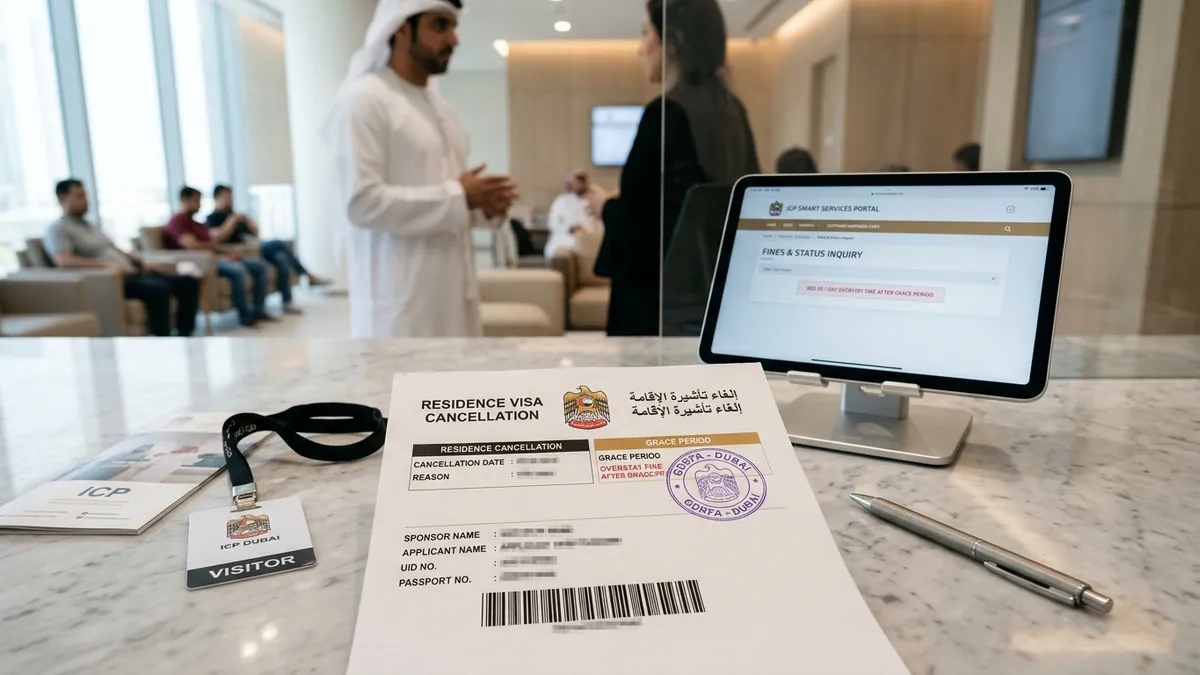UAE residence visa cancellation form with privacy blurring alongside ICP tablet portal at Dubai Customer Happiness Centre