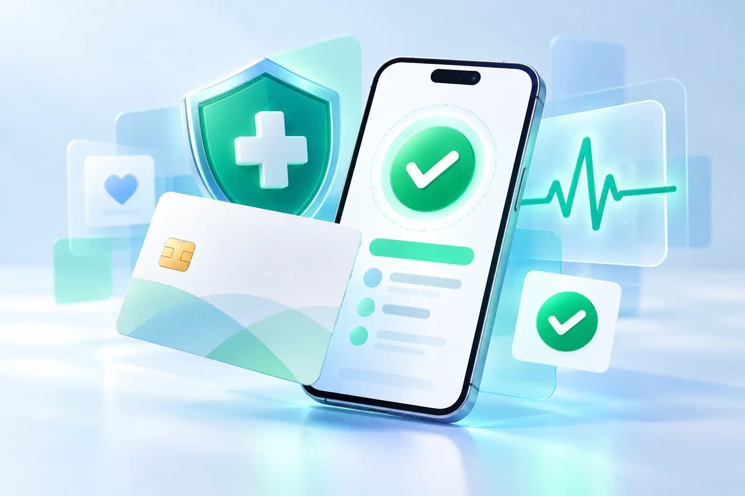 Saudi health insurance validity check shown with a phone, medical shield and verification symbol