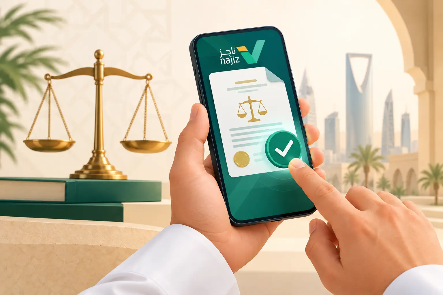 Saudi power of attorney verification represented by a phone, legal document, scales and check mark