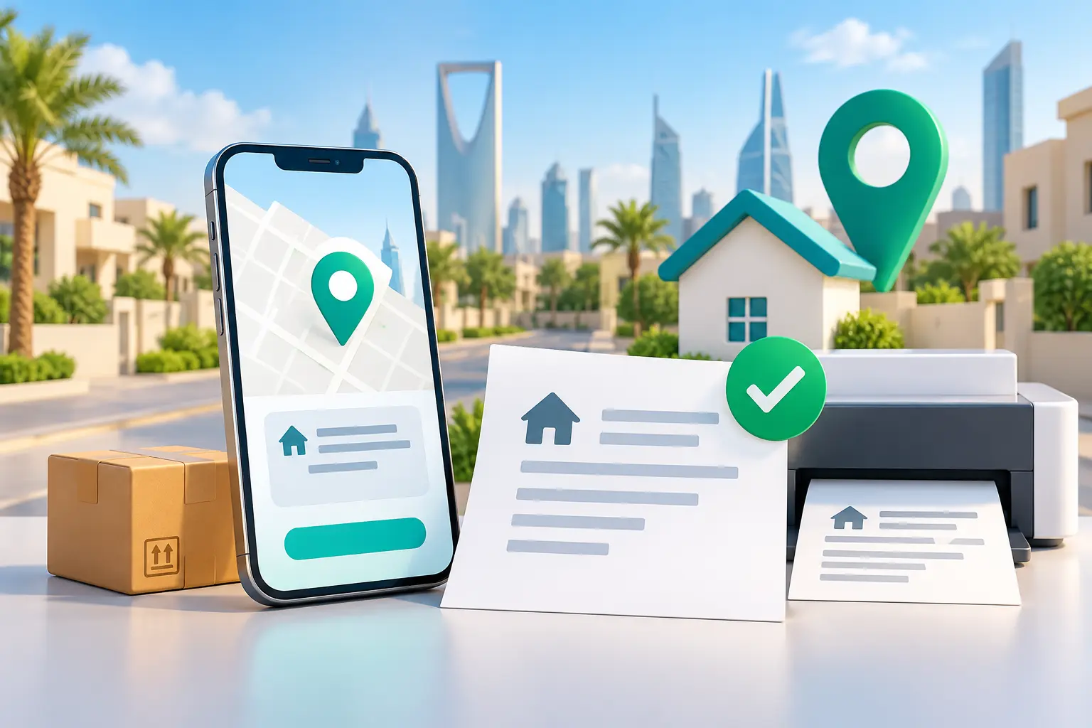 Saudi National Address proof represented by a phone, map pin, home, parcel and printer