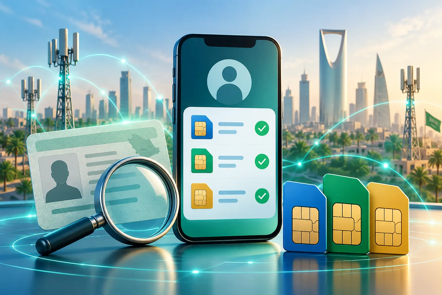 Mobile SIM numbers registered to an Iqama represented by a phone, SIM cards and identity verification