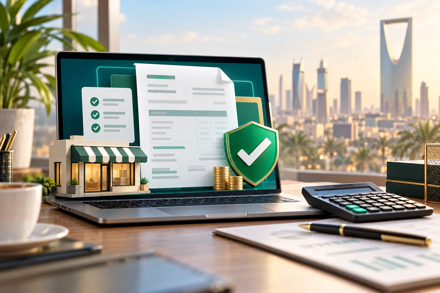 Saudi business VAT registration verification represented on a laptop with documents and a green check