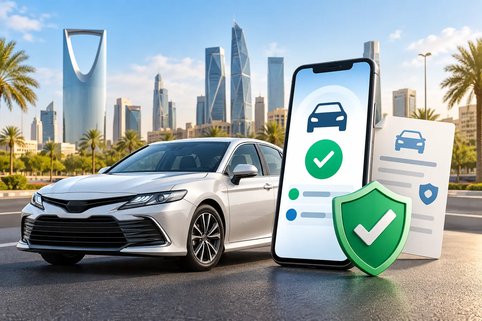 Saudi vehicle insurance validity check represented by a car, phone, policy card and protective shield