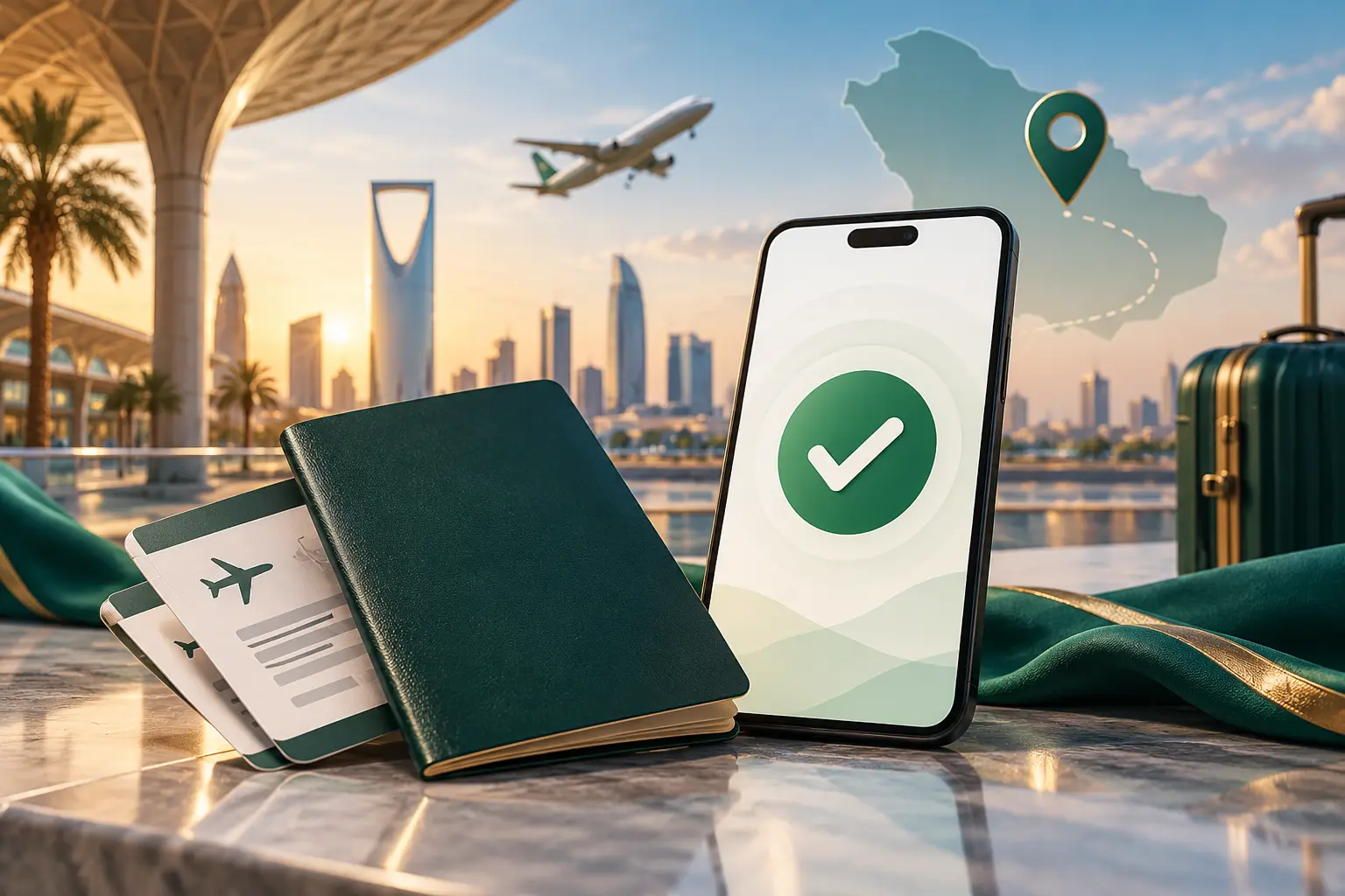 Saudi visa application status check represented by a blank passport, phone verification and airport setting