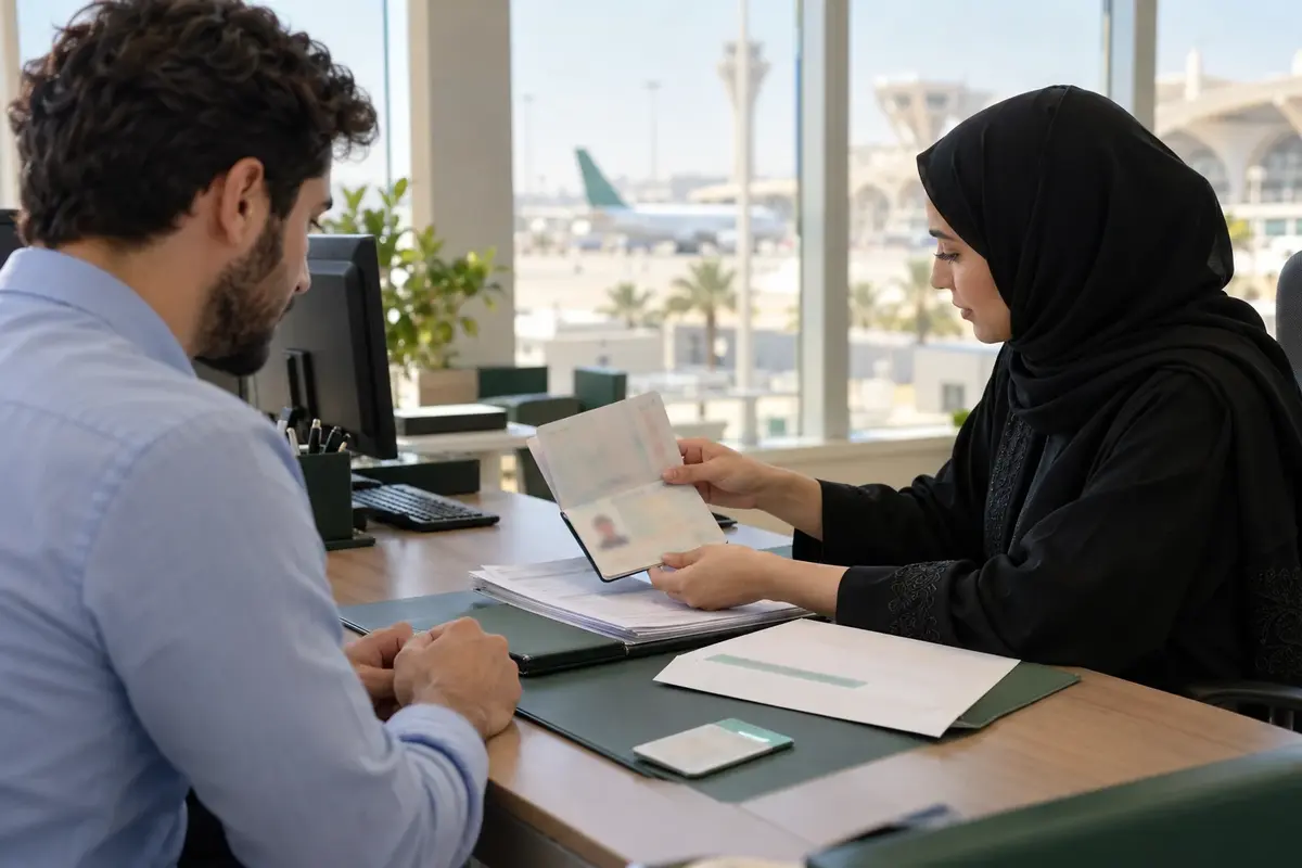 New expatriate employee completing privacy-safe residency onboarding with a Saudi HR representative
