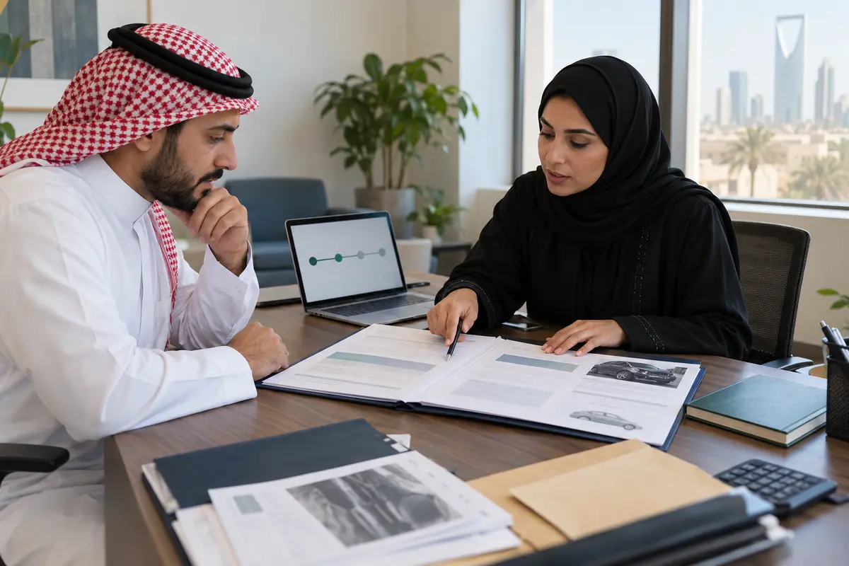 Policyholder and adviser reviewing anonymized insurance-claim documents