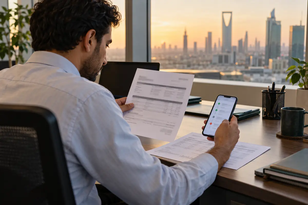 Employee organizing anonymized salary and bank-payment evidence at a Riyadh desk