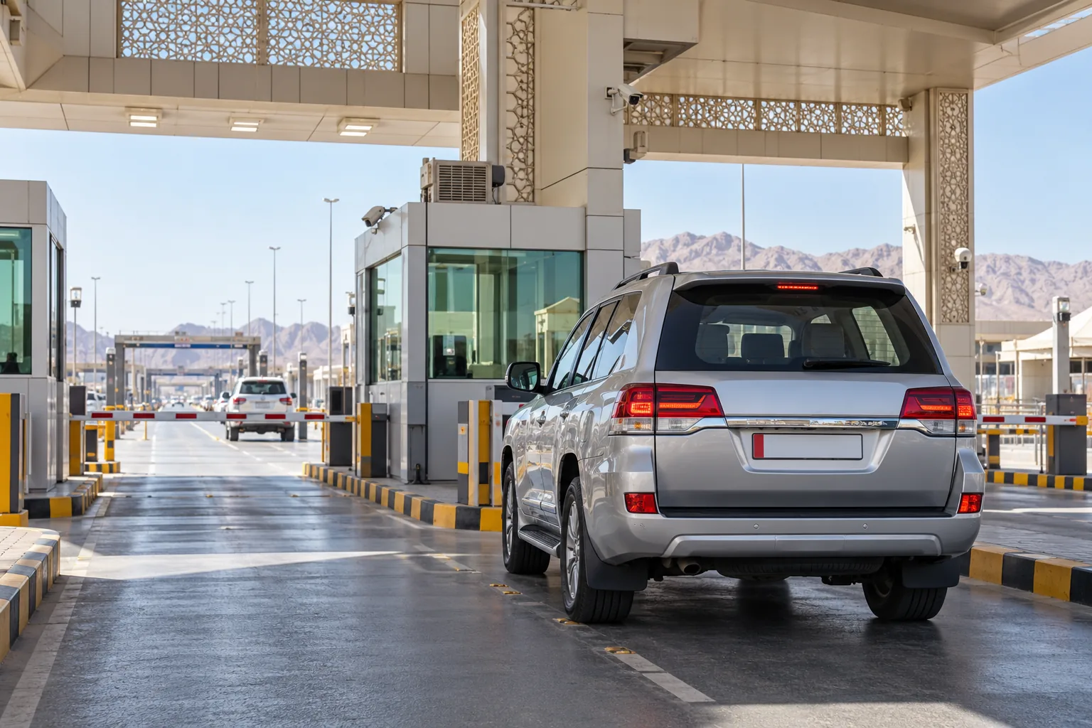 Vehicle approaching a Saudi customs inspection lane