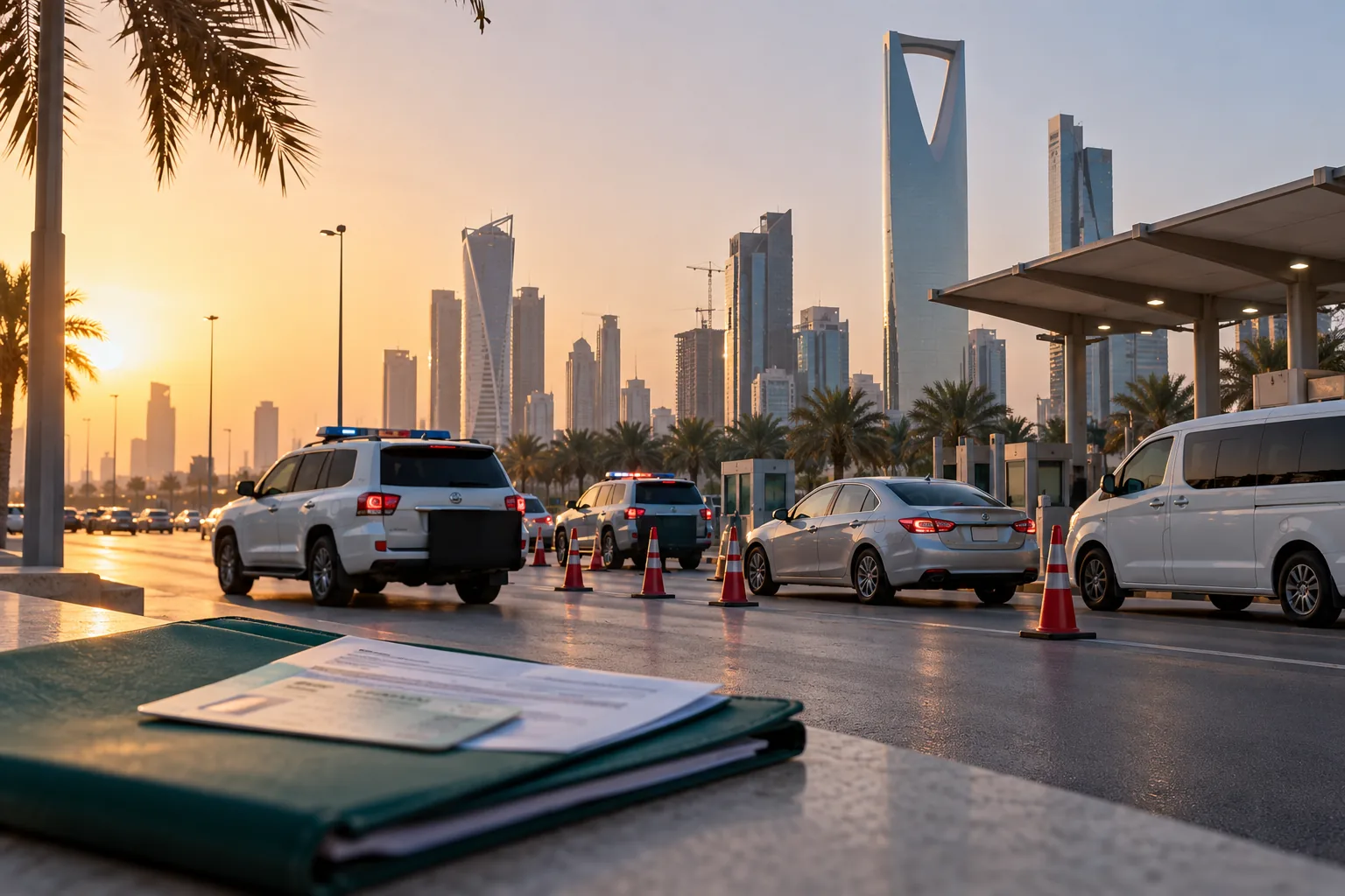 Saudi city checkpoint illustrating residency and labour compliance inspections