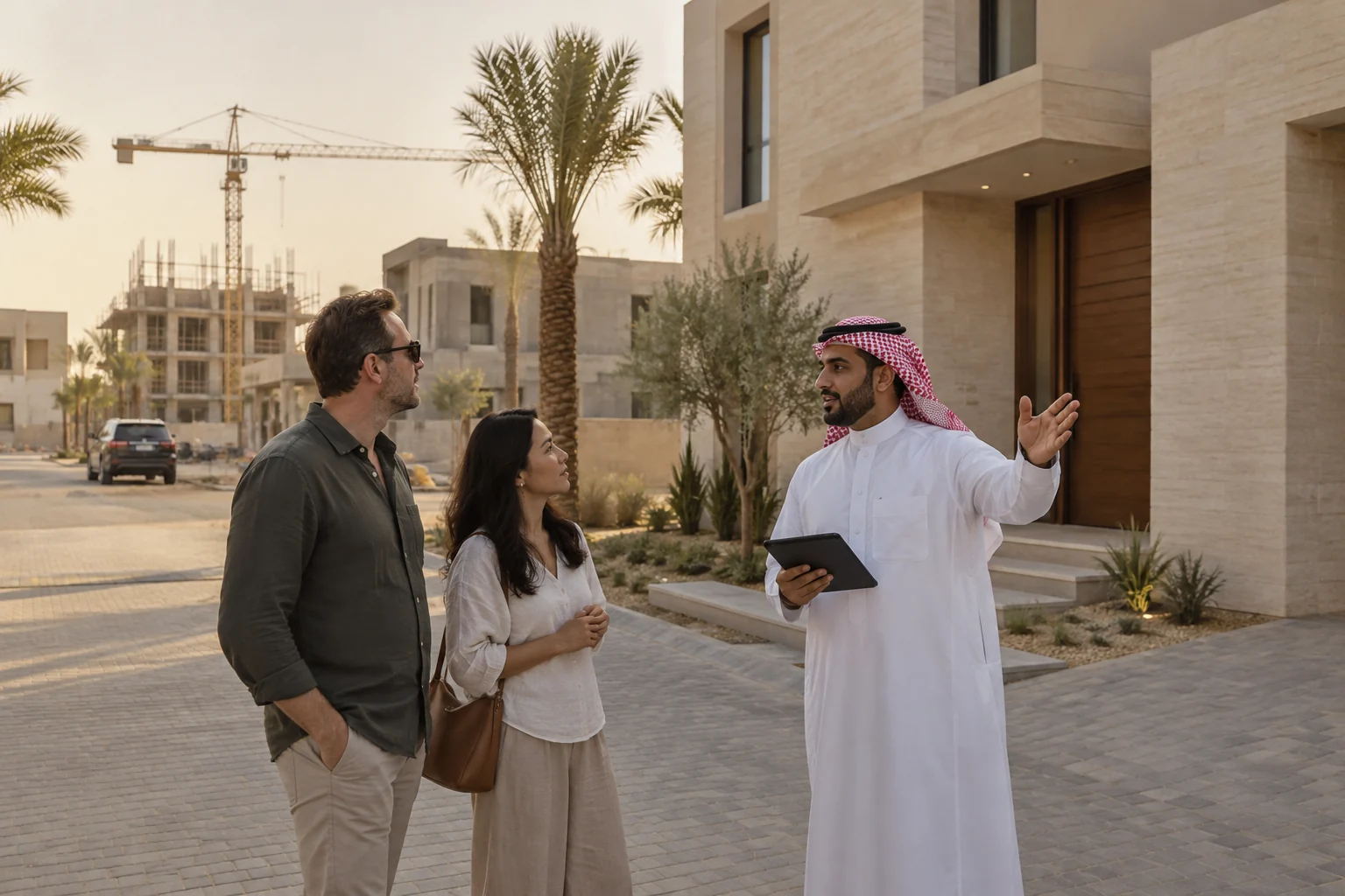 Editorial illustration of a property desk overlooking a modern Saudi residential district