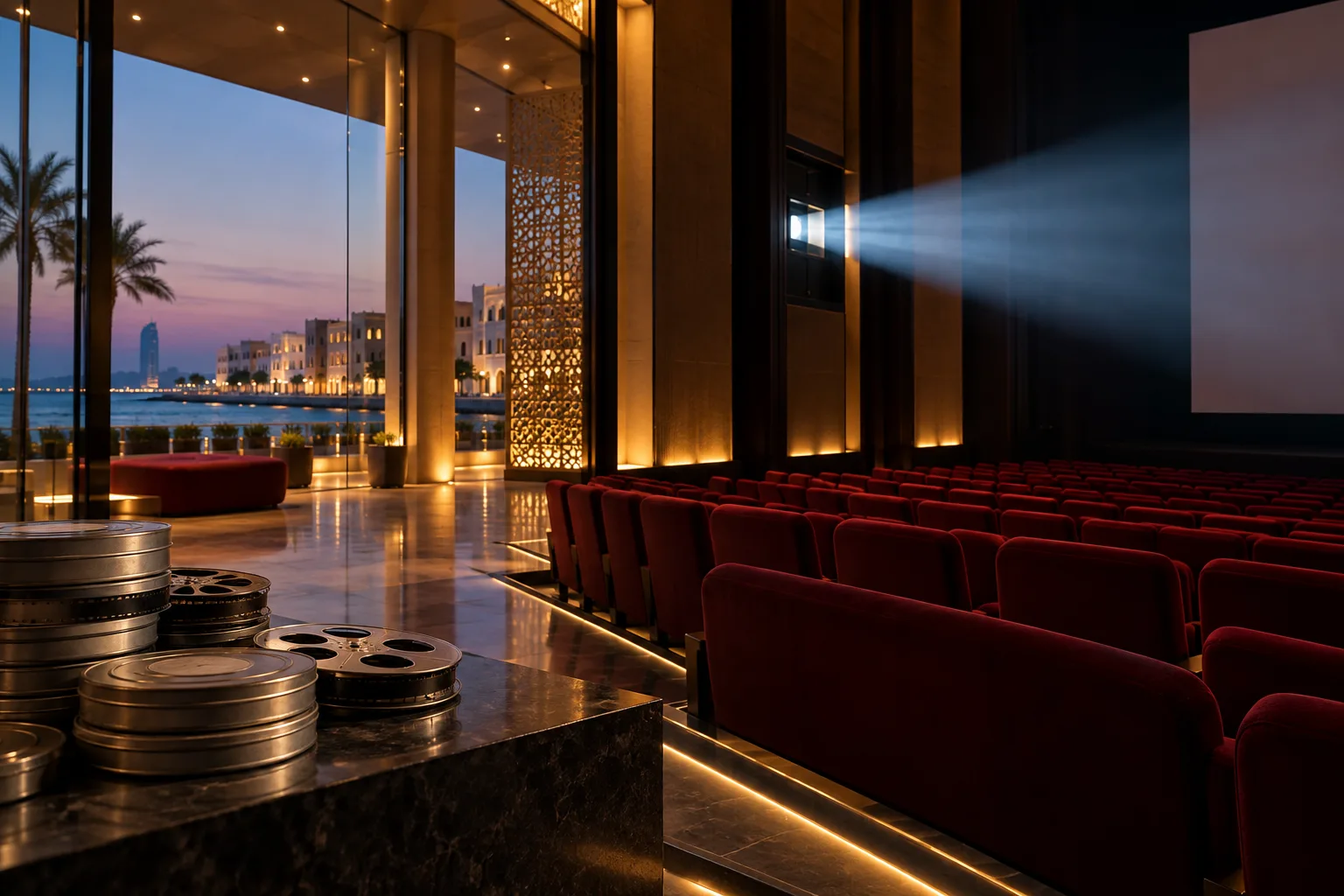 Realistic editorial photograph of an empty Jeddah screening room with a projector beam, red seats and film reels