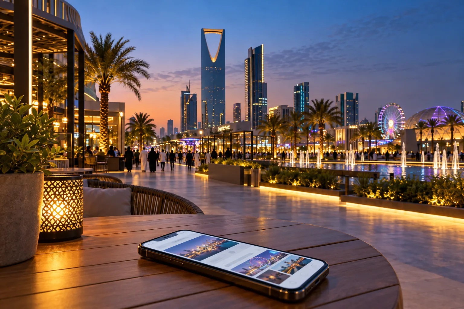 Realistic editorial view of a modern Riyadh entertainment boulevard at dusk with distant visitors and an unbranded planning phone