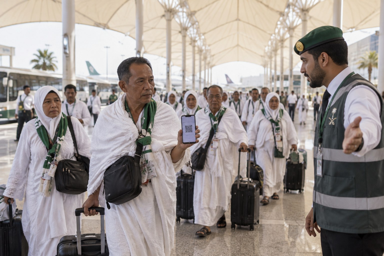Pilgrim planning a Hajj journey with digital travel tools