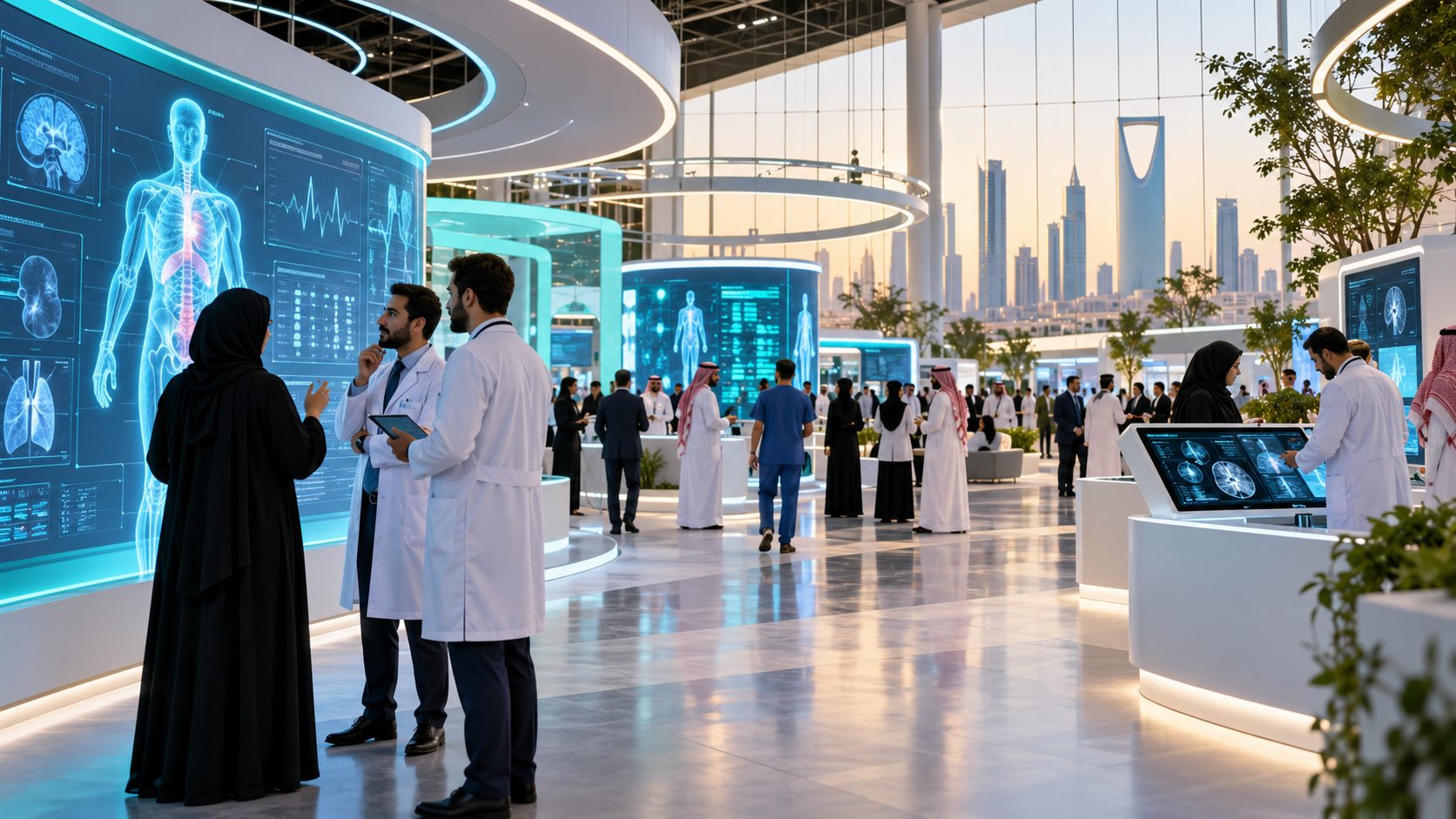 Healthcare professionals at a modern Riyadh medical exhibition