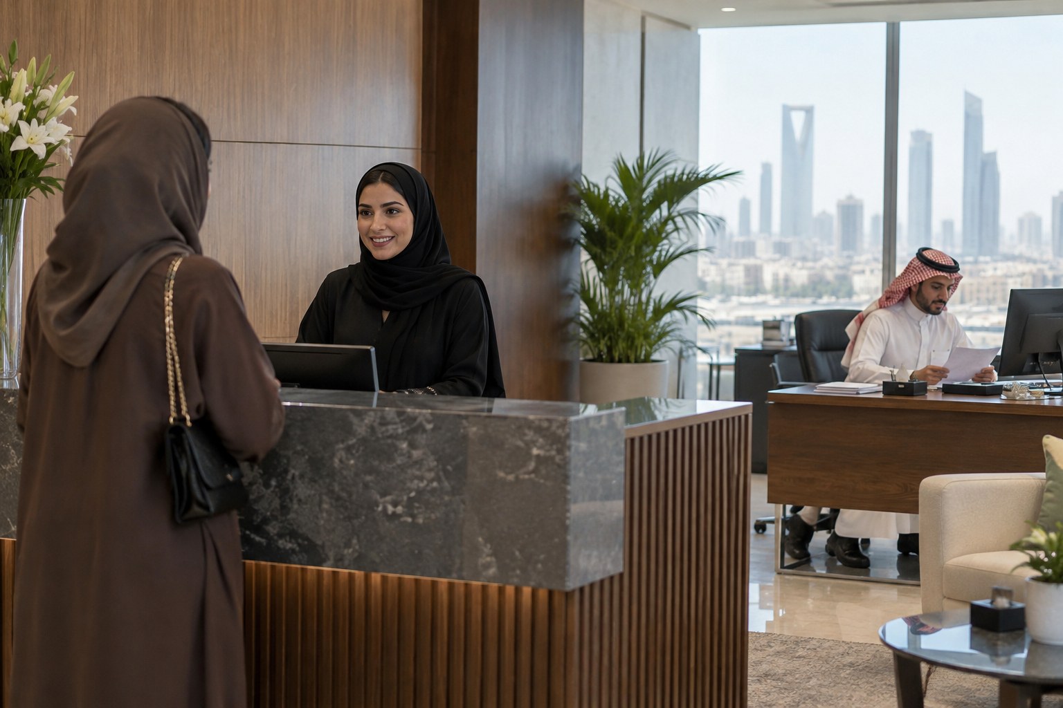 Saudi professionals collaborating in a modern administrative office