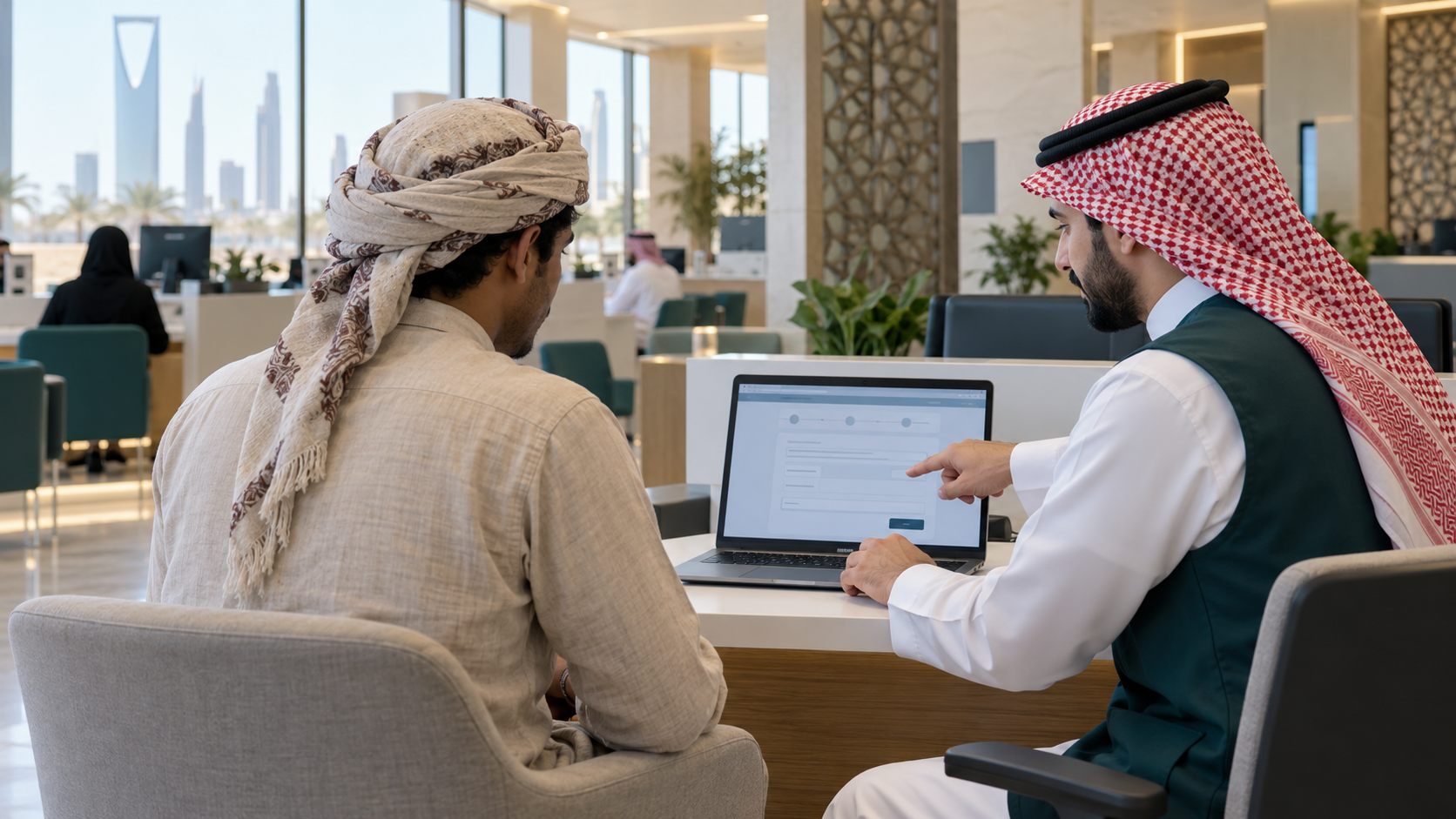 Worker reviewing a Saudi digital employment service with an adviser